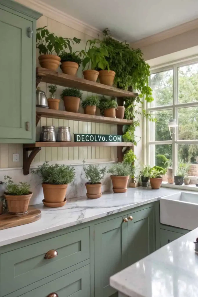 Potted plants cascade from open shelves against a white wall.