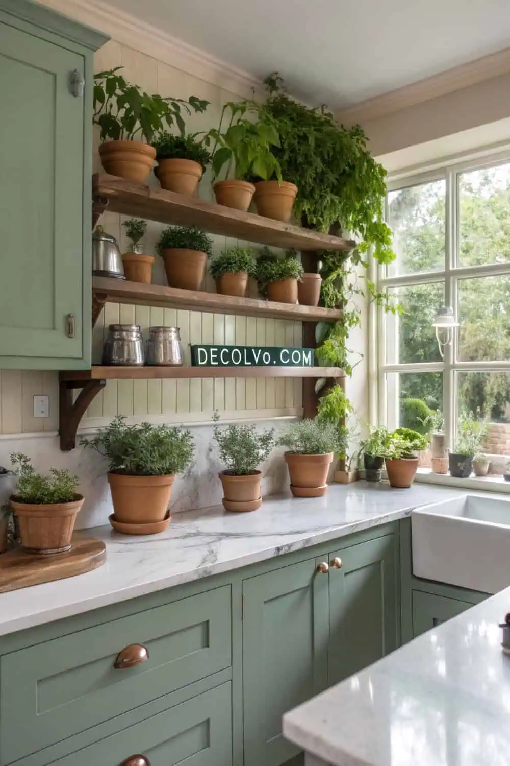 Potted plants cascade from open shelves against a white wall.