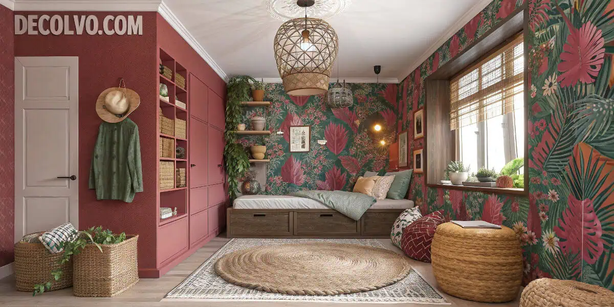 bedroom with bold colored walls