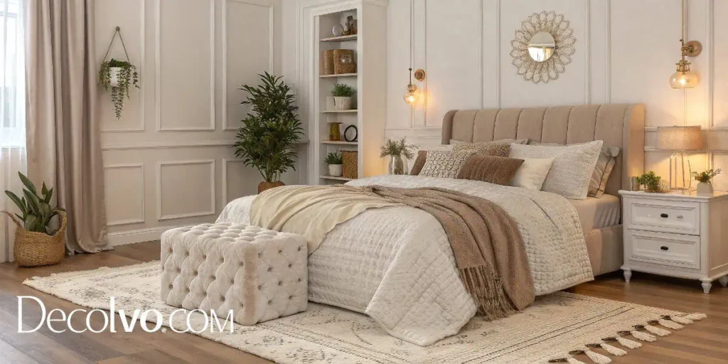 cozy bedroom with warm, ambient lighting 
