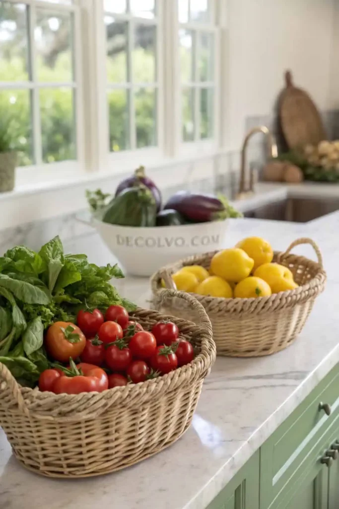 Fresh fruits and vegetables arranged in woven baskets.