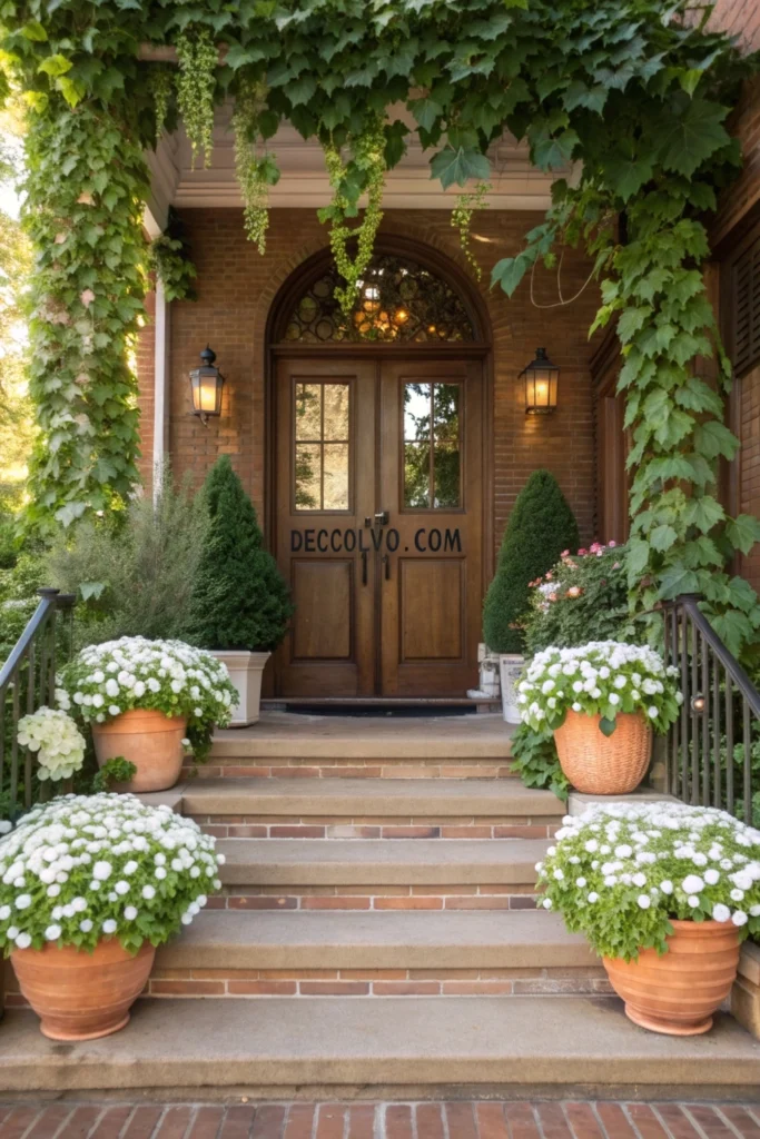 A grand front door with Include Greenery or Fresh Flowers