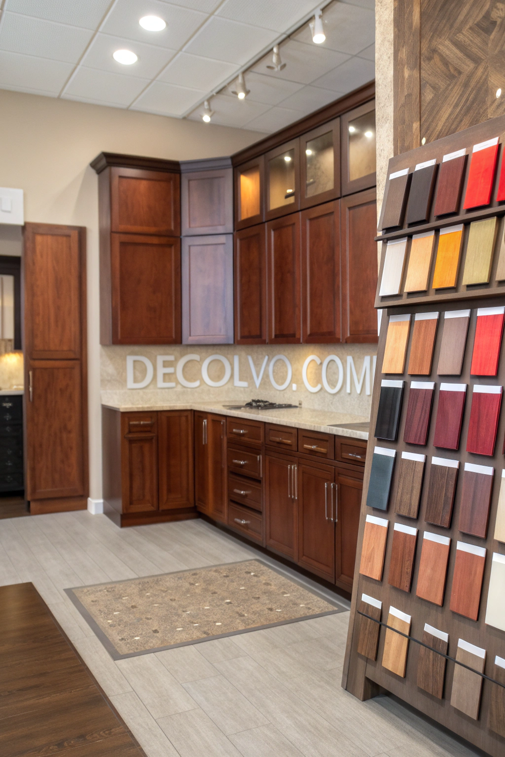 Material samples for red kitchen design