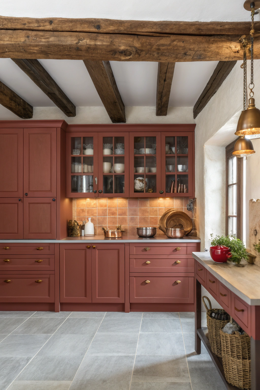 Red farmhouse kitchen with matte cabinets