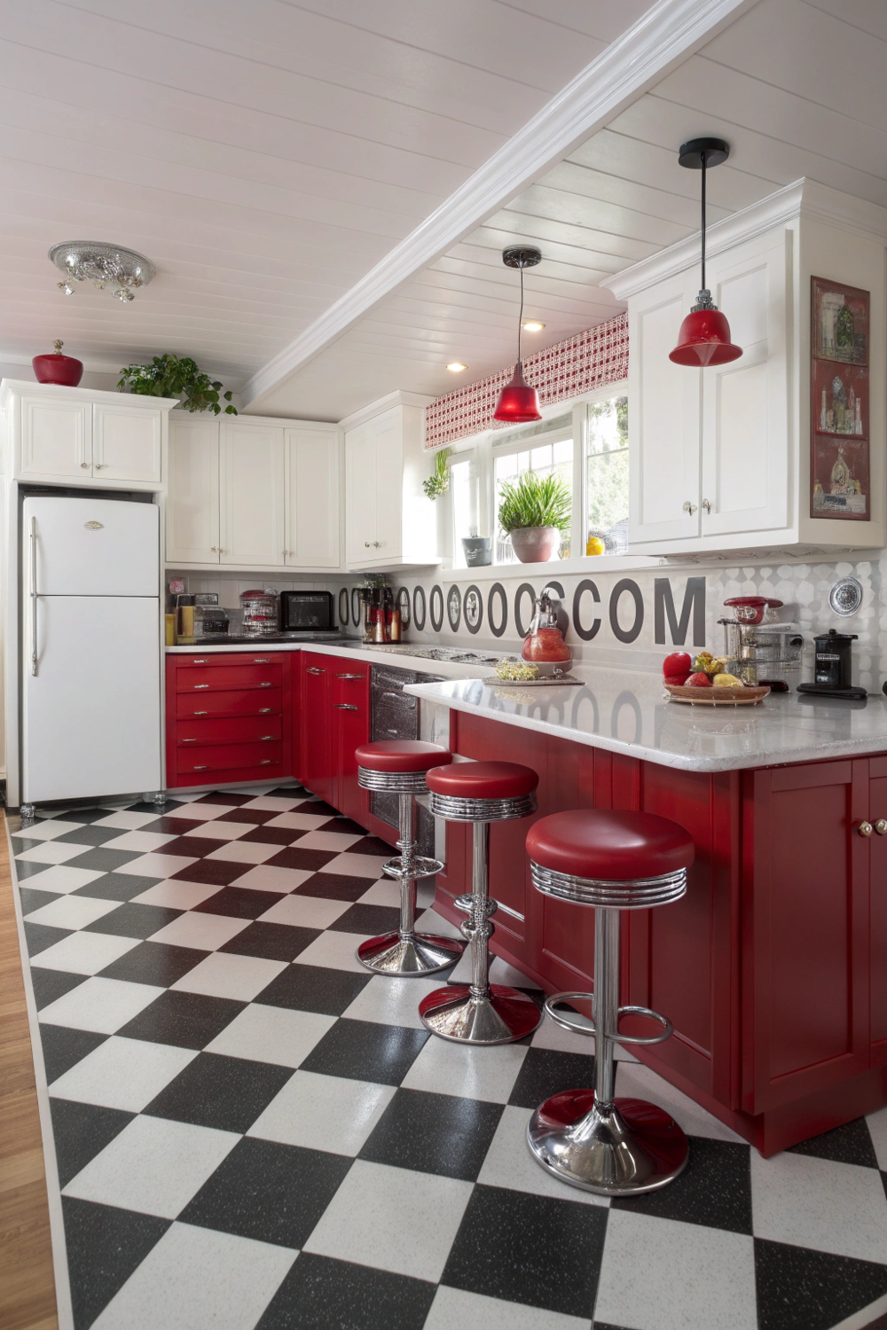Red kitchen with checkered floor and diner-style decor.