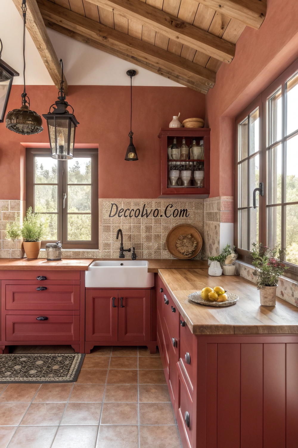 Farmhouse kitchen featuring red cabinets