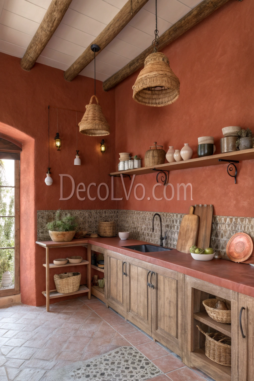 Terracotta red kitchen with wooden shelves