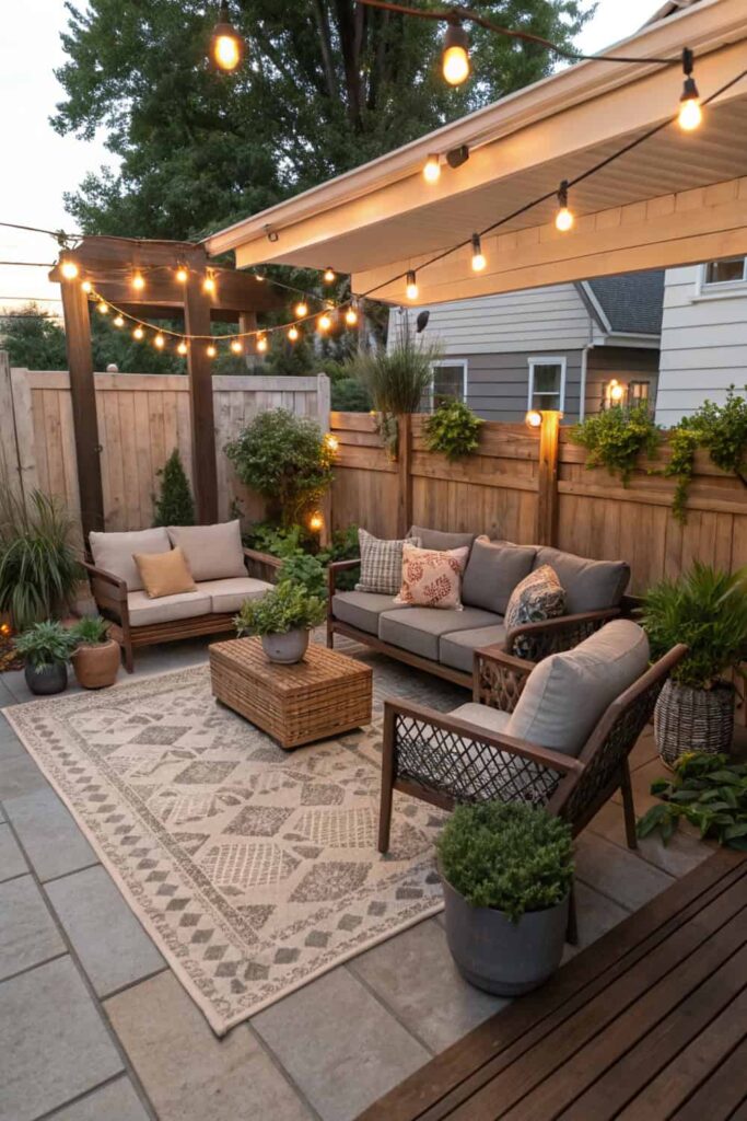 Cozy Outdoor Patio with Plants and String Lights