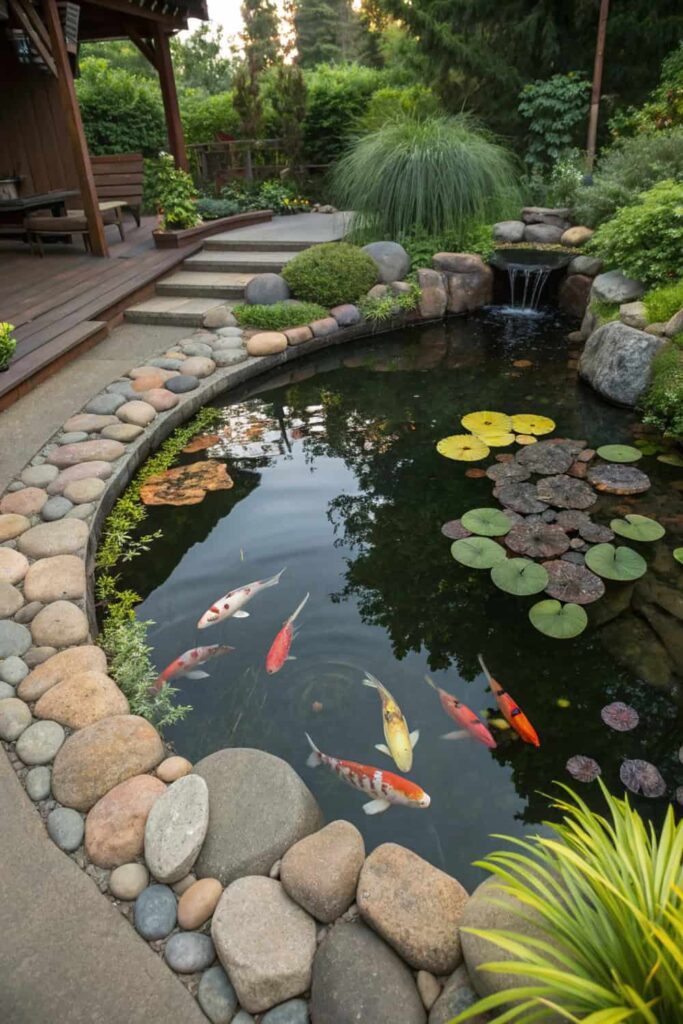Backyard Pond with Aquatic Plants and Rocks