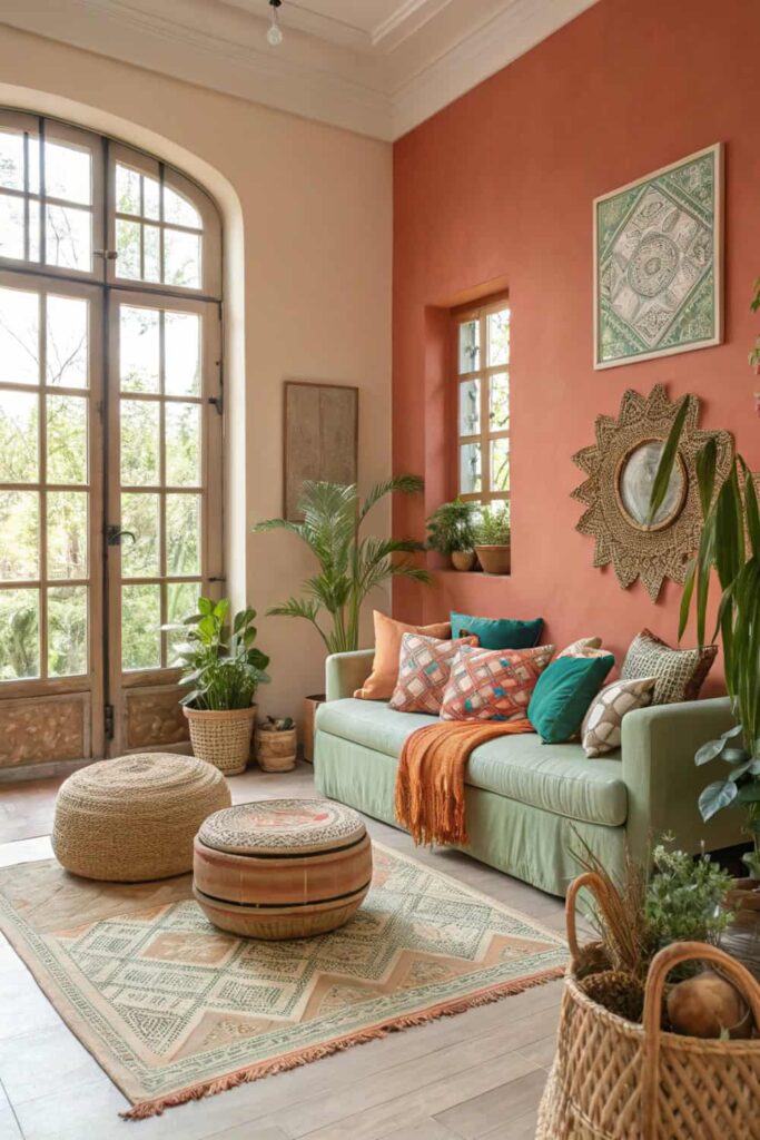 Muted Hues with Pops of Color Brighten the  Boho Living Room