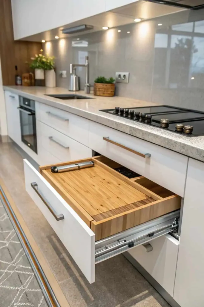 Fold-Down and Pull-Out Surfaces for Clever Small Kitchen 