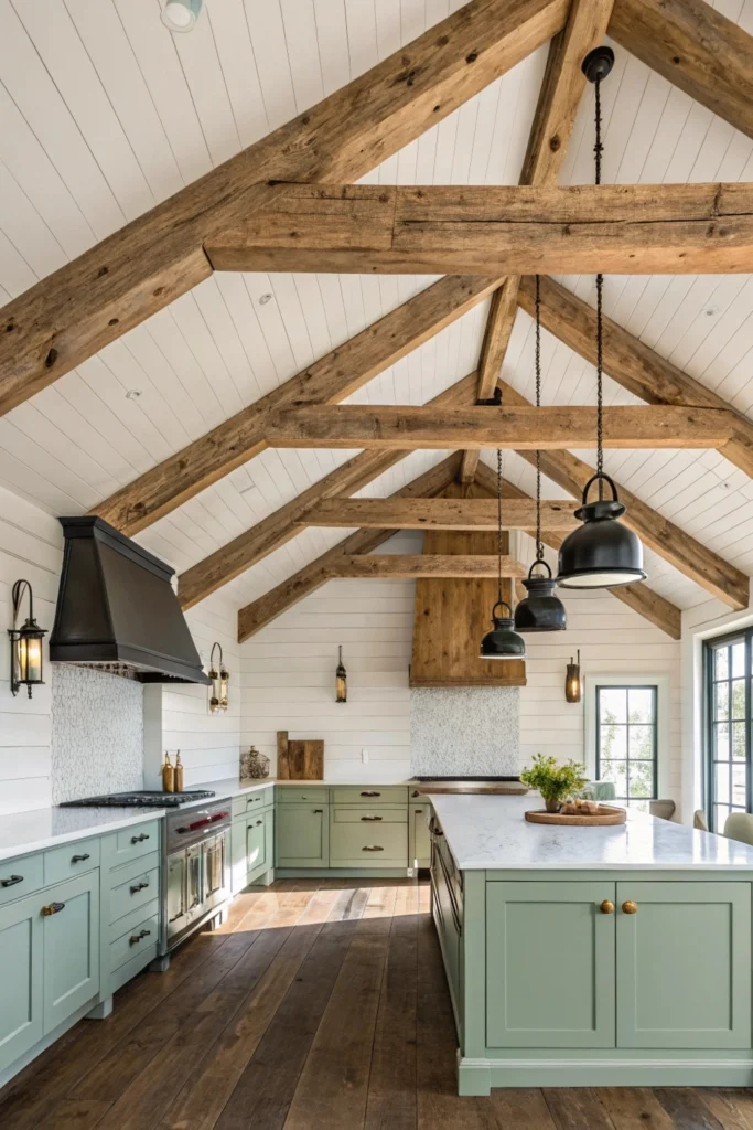 farmhouse kitchen  with pendant lights  