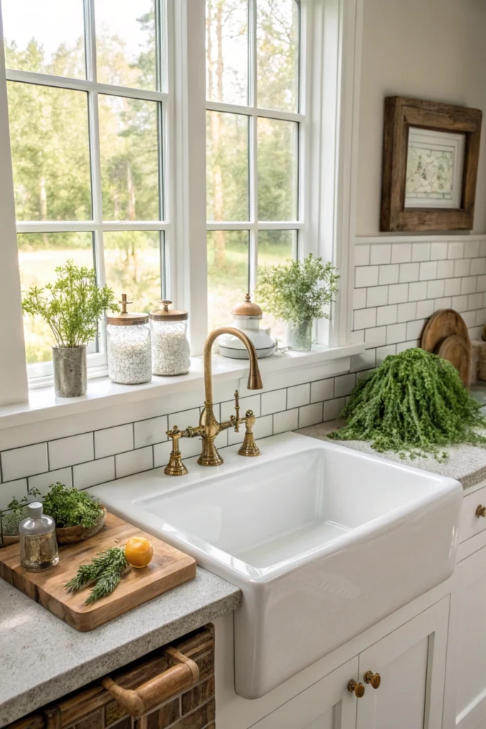 Farmhouse kitchen sinks with classic backsplash
