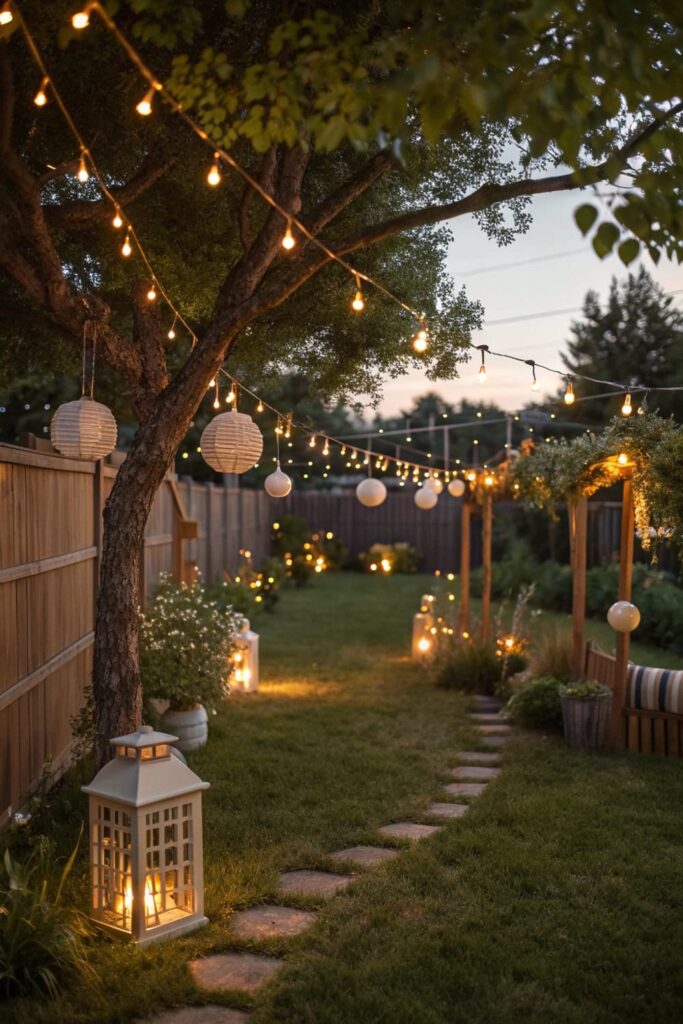 Backyard with String Lights and Lanterns