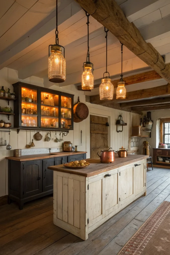A farmhouse kitchen bathed in warm light