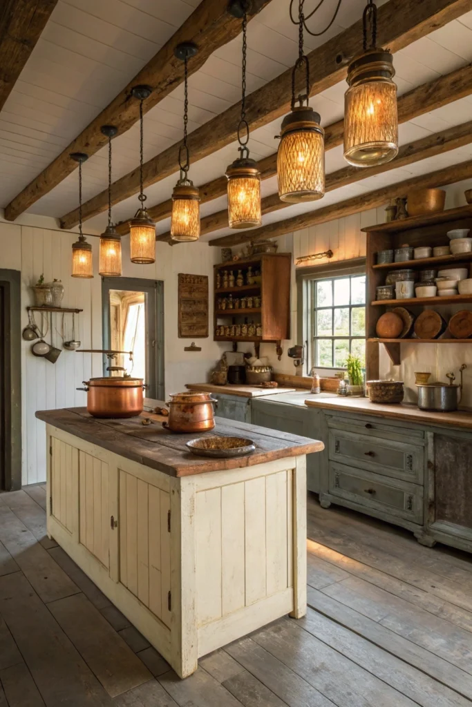 A farmhouse kitchen with mason jar lighting fixtures 