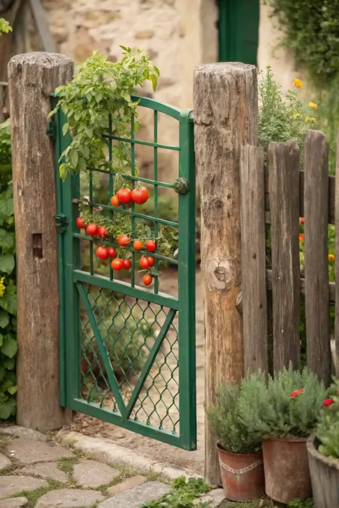 Green Metal Mesh Garden Gate with Wooden Frame