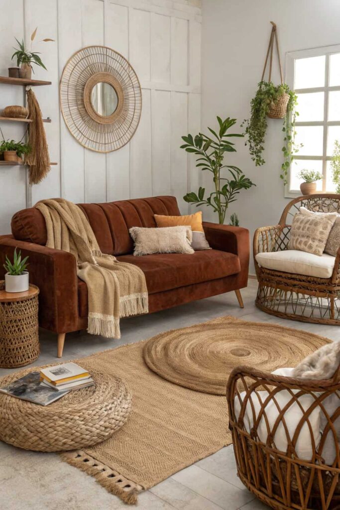 Combine Velvet, Linen & Jute for Boho Living Room Luxe