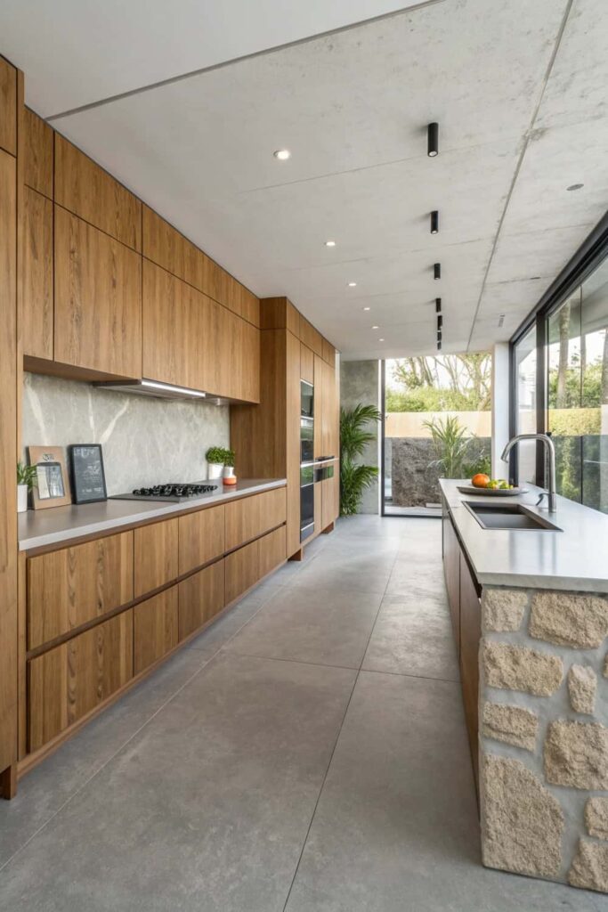 Warm and Sleek Kitchen Design with Wood & Stone