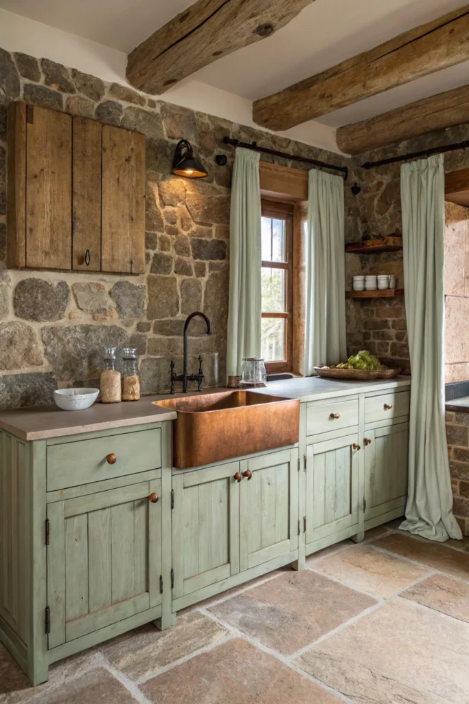 A Farmhouse House Kitchen With Natural Stone Backsplashes
