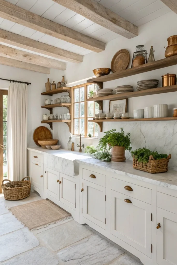 white farmhouse kitchen  with wooden shelves