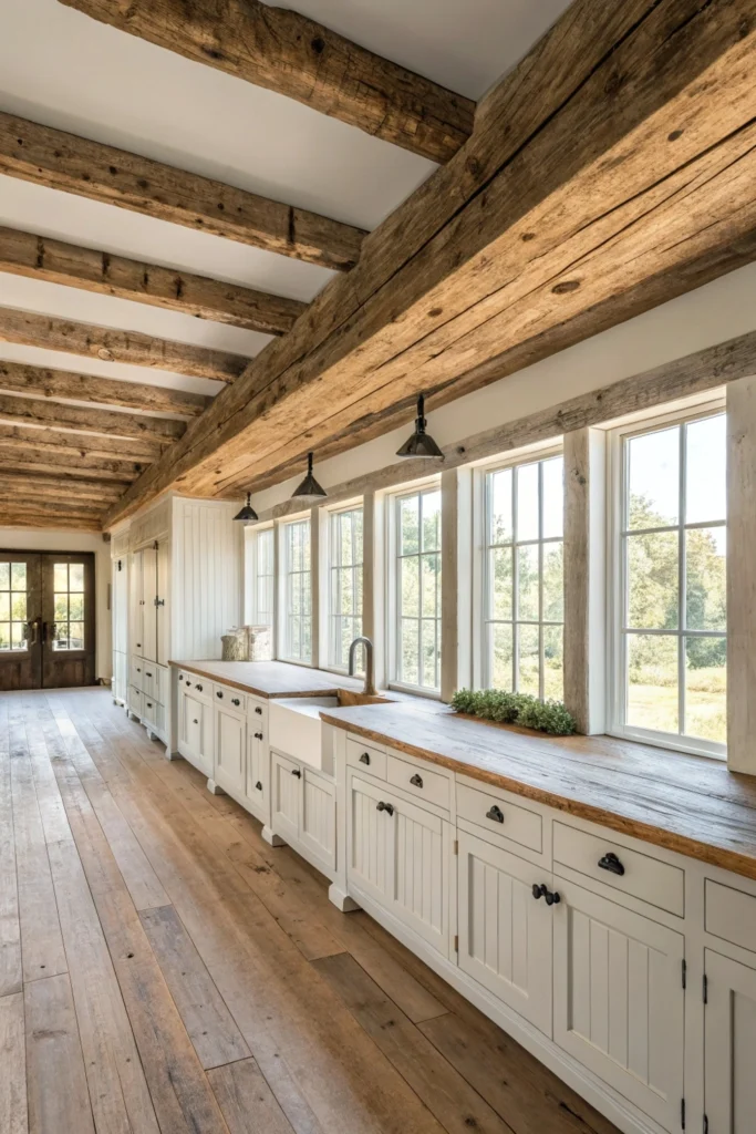Drenched farmhouse kitchen reclaimed wood accents