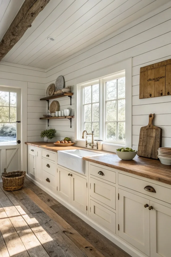 farmhouse kitchen with shiplap walls
