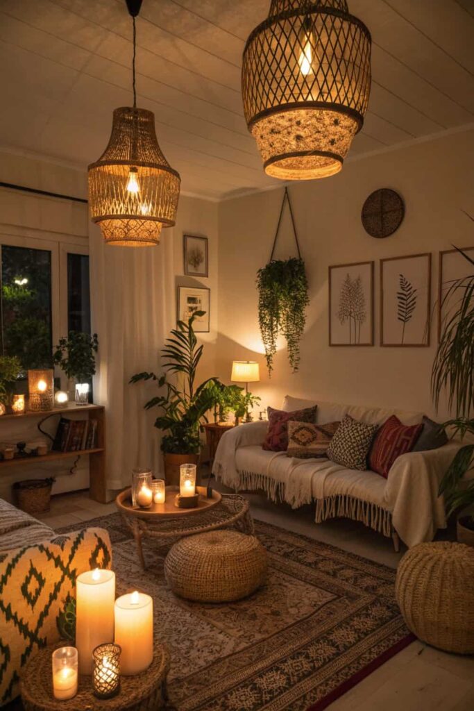 Warm Lighting Sets a Relaxing Mood For Boho Living Room