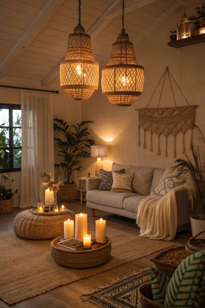Ambient Lamps and Candles Create Cozy Glow For Boho Living Room