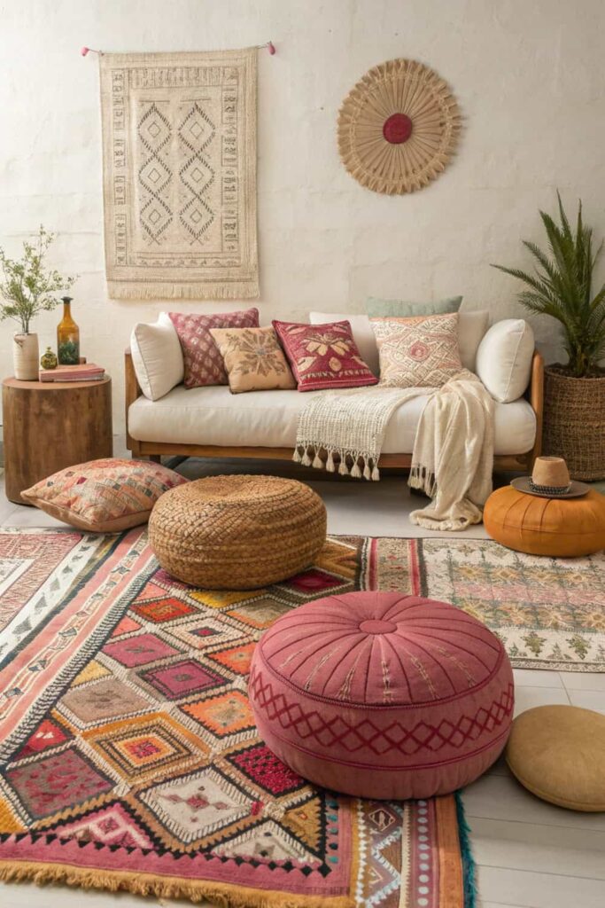 Mix Patterns and Sizes for Boho Living Room Visual Interest