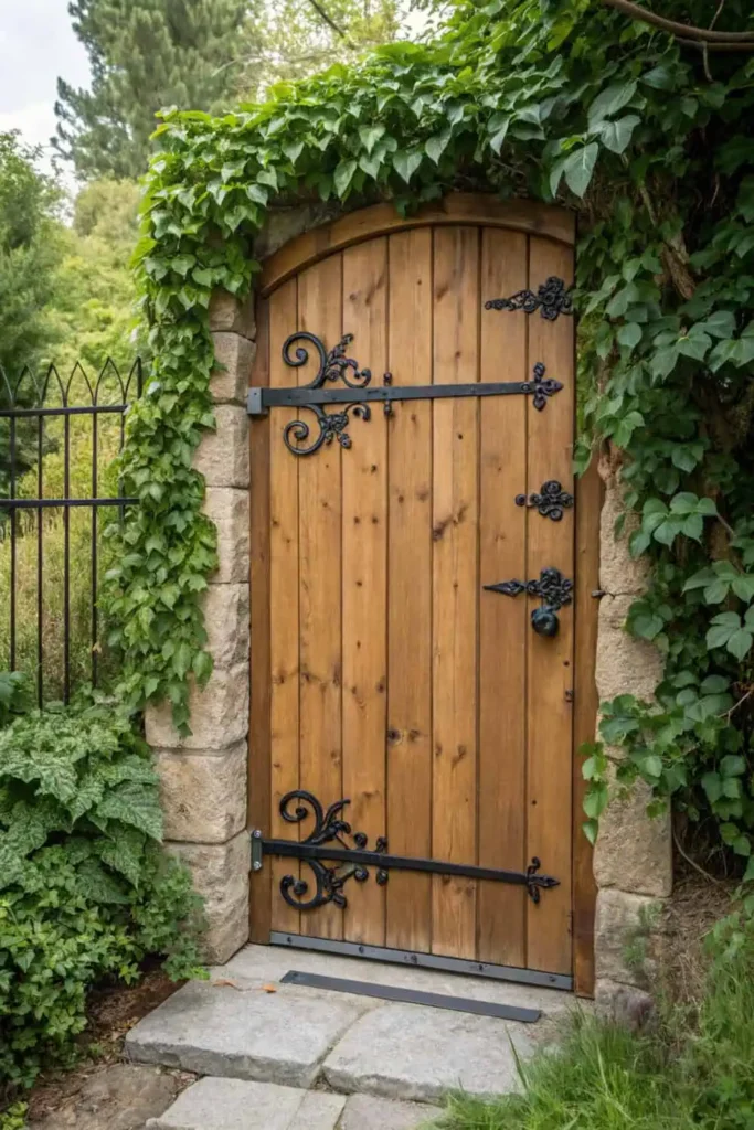 Modern Black Steel Garden Gate with Wooden Handle