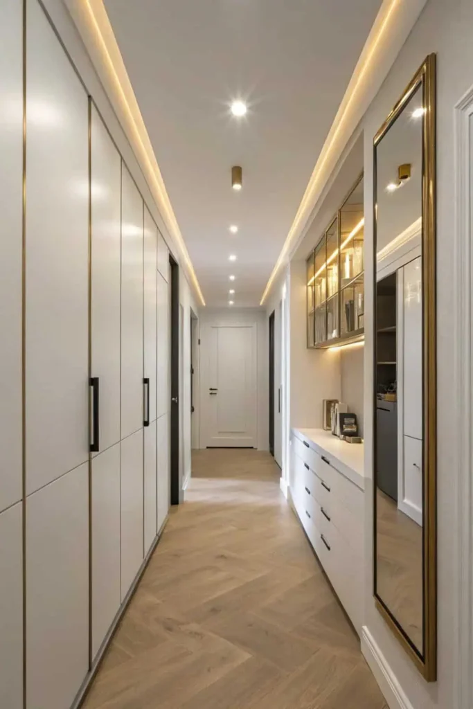 A crisp architectural narrow hallway