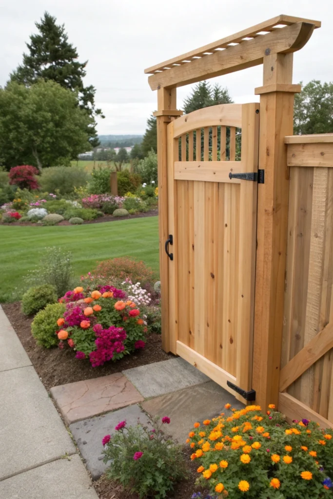 Cedar Garden Gate Surrounded by Flowering Plants