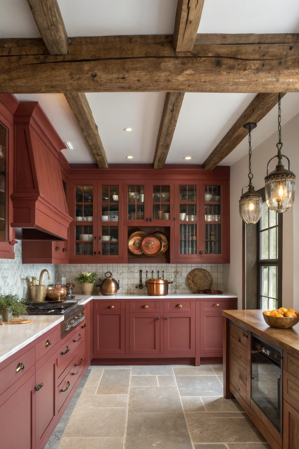 Red kitchen with vintage lights, and wood accents.