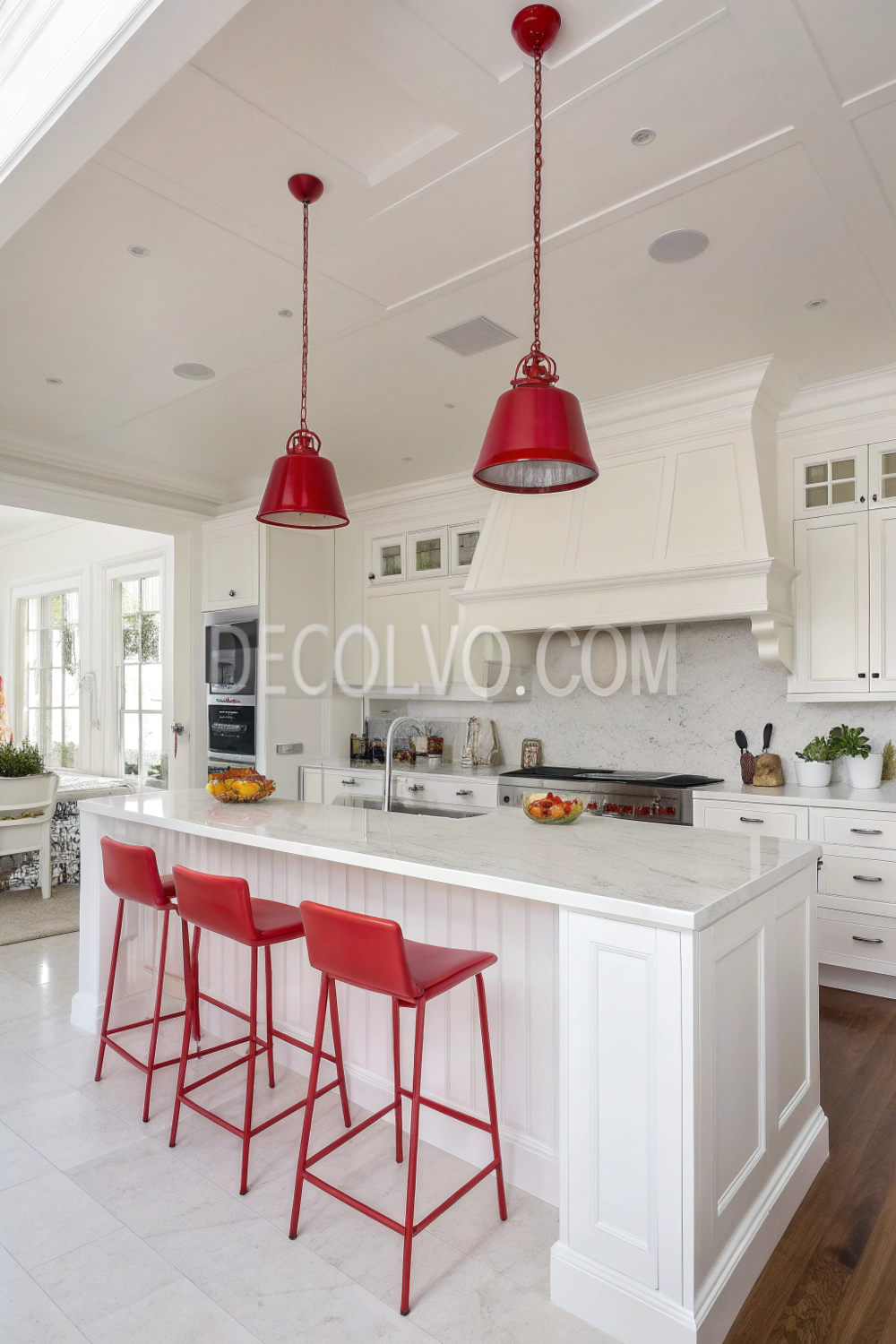 Neutral kitchen Red Pops of Color