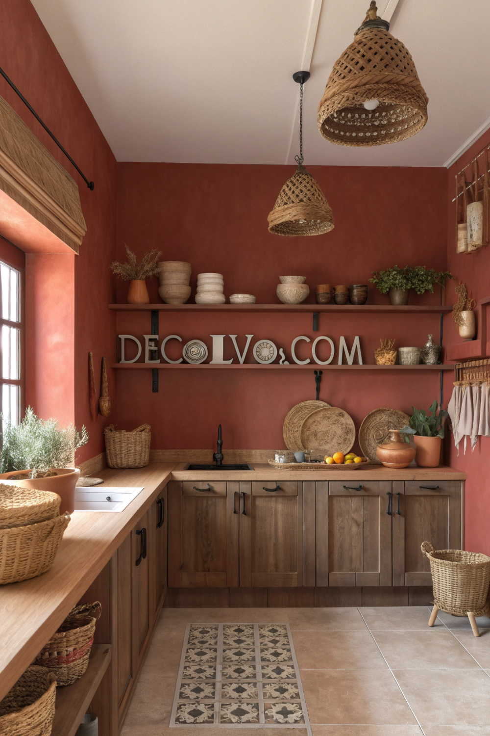 red kitchen with rustic accents creating a cozy atmosphere.
