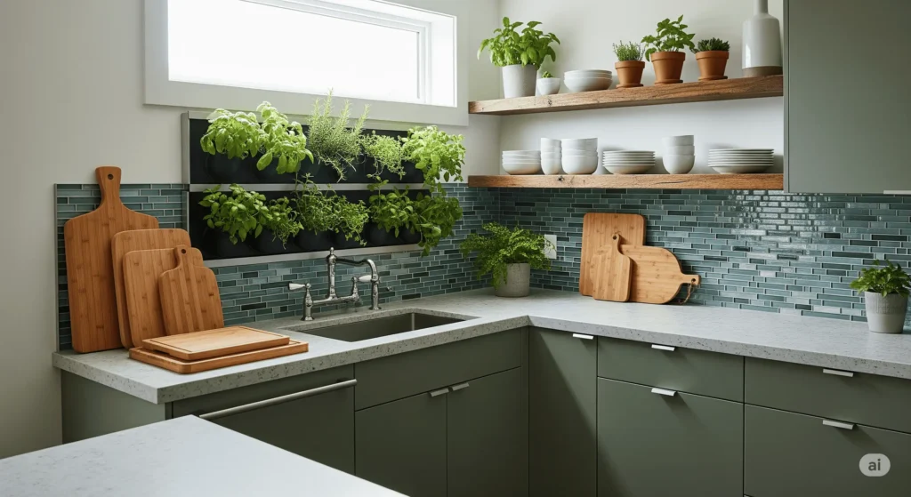 earth toned sage or forest green kitchen