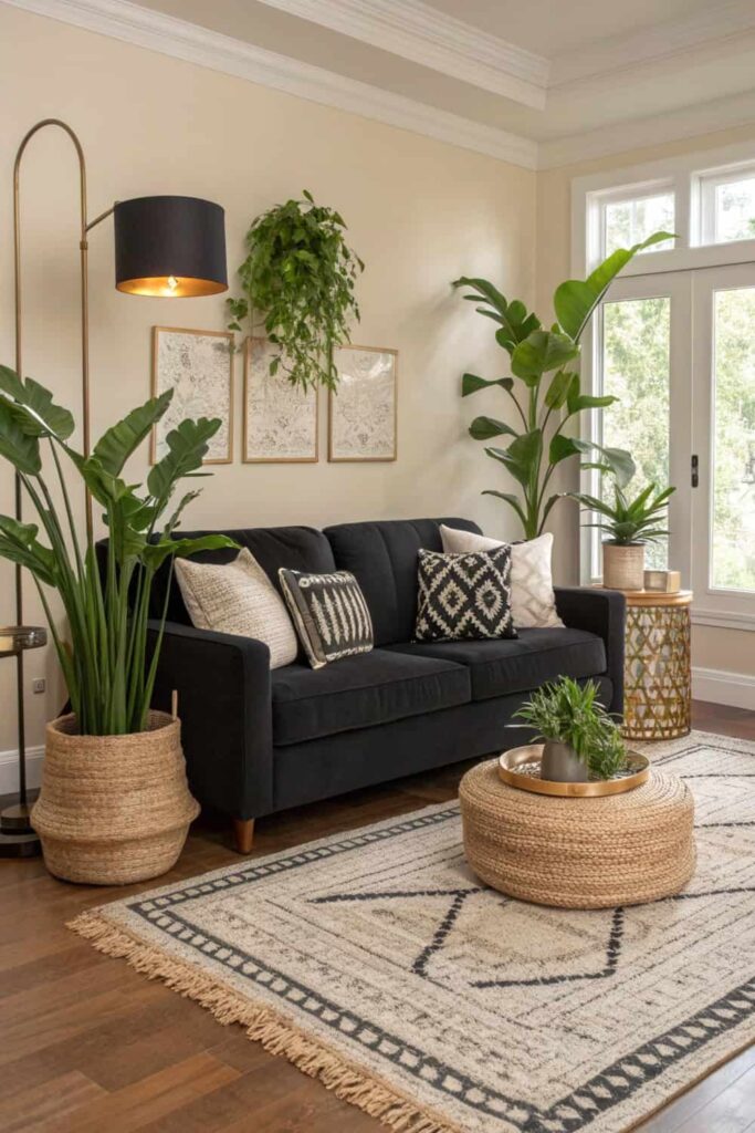 Creative Living Room Decor with Black Couch