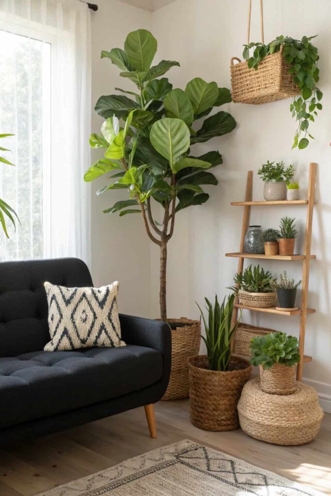 Plants with Black Couch Decor