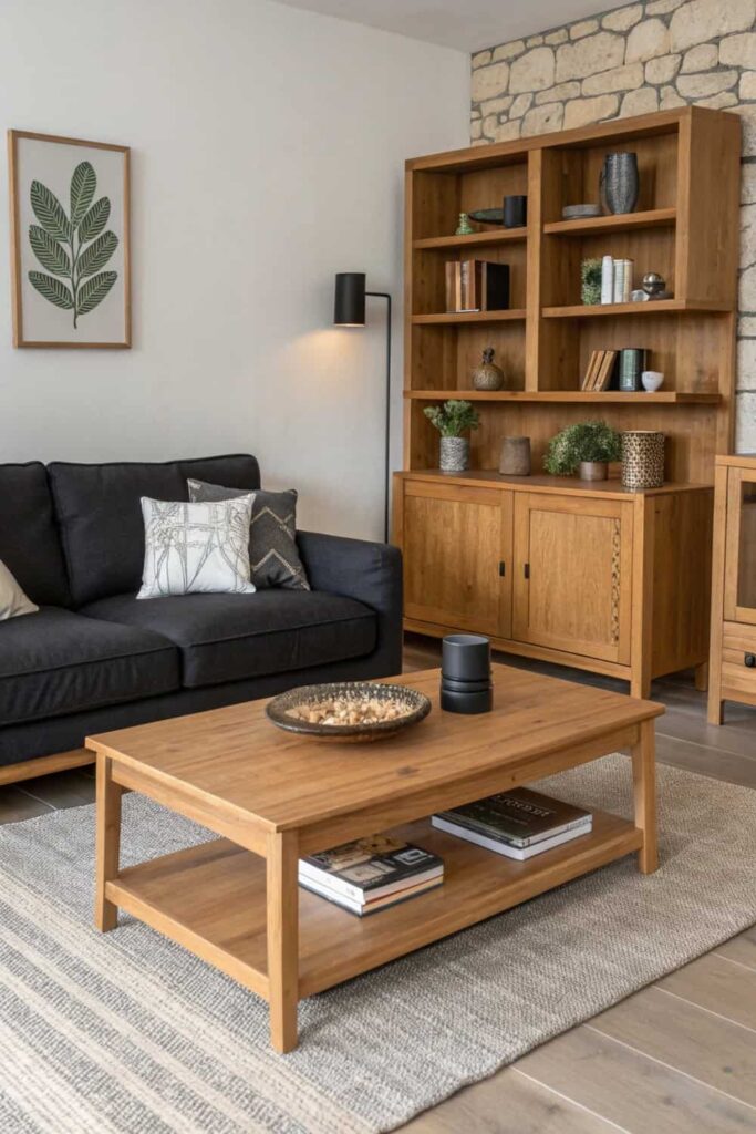 Wooden Accents with Black Couch