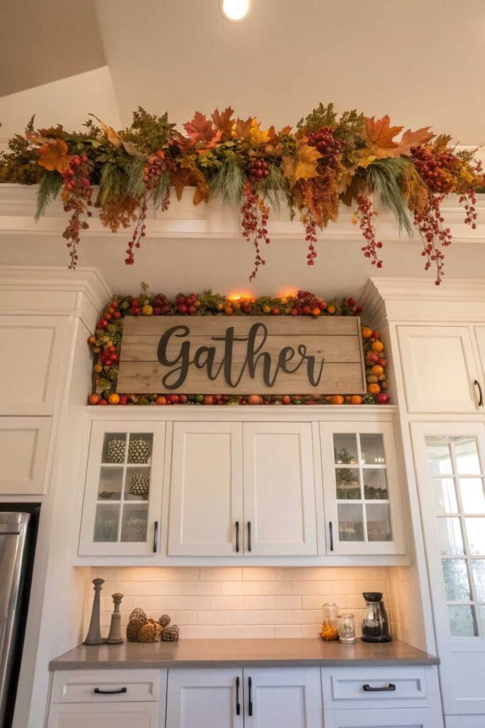 Dramatic Fall Kitchen Decor Above Cabinets