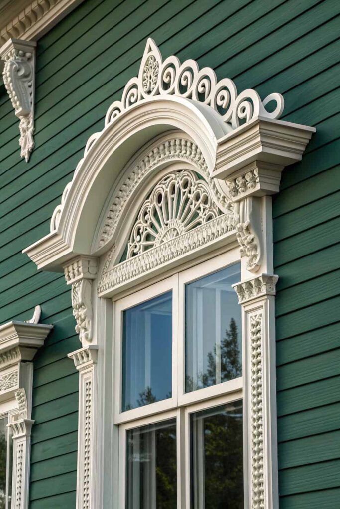 Ornate Detail of Rake and Crown Exterior Window Trim