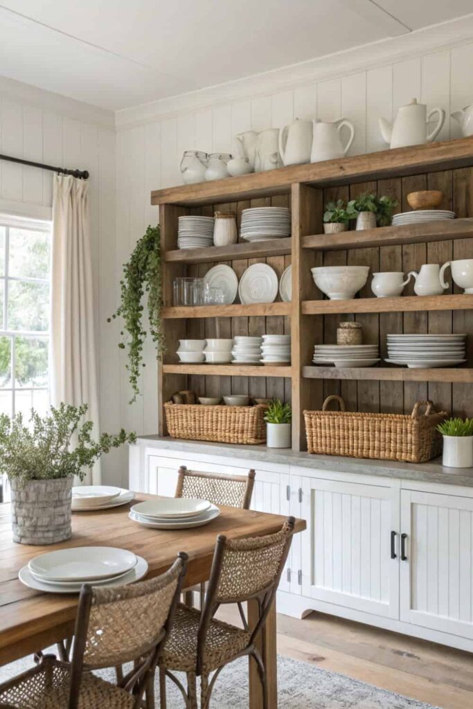 Farmhouse Open Shelving with White Dishes