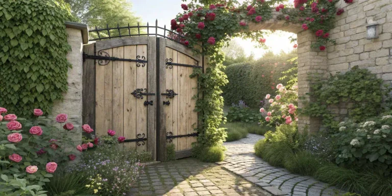 Flower-framed garden gate.